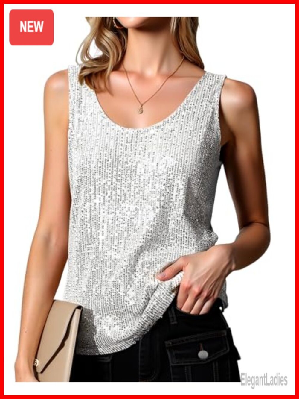 Sequin Tank Top Sleeveless Scoop Neck Sparkle Party Top